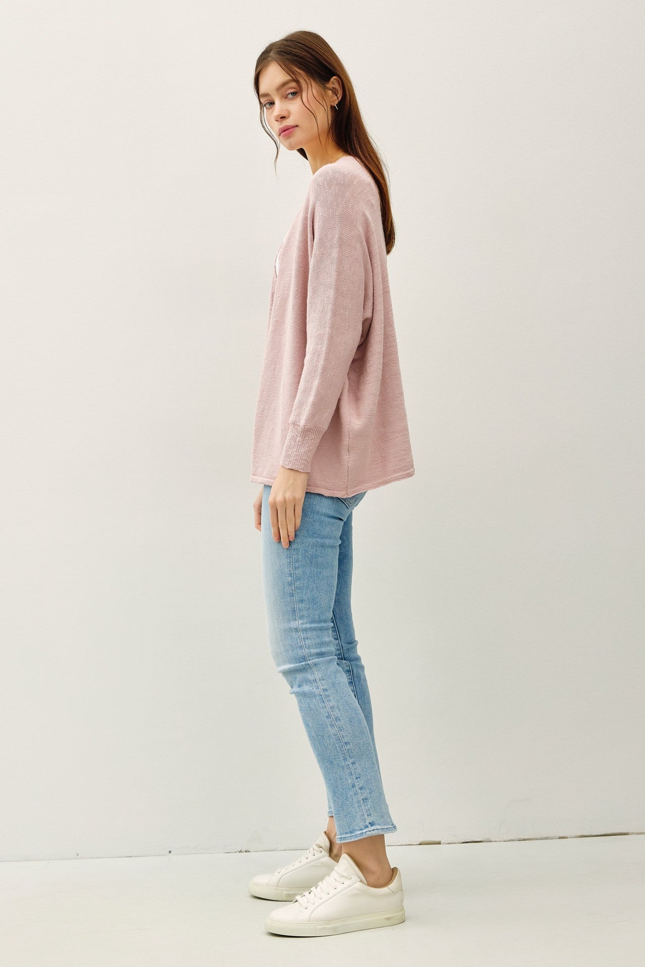 Pink Slub Knit Open Cardigan