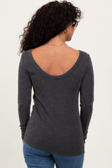 Charcoal Ribbed Scoop Neck Long Sleeve Top