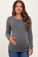 Grey Ribbed Scoop Neck Long Sleeve Maternity Top