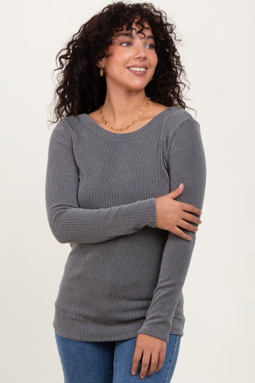 Grey Ribbed Scoop Neck Long Sleeve Top