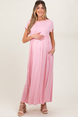 Light Pink Short Sleeve Pocketed Maternity Maxi Dress