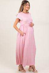 Light Pink Short Sleeve Pocketed Maternity Maxi Dress