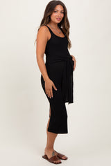 Black Ribbed Front Tie Sleeveless Maternity Midi Dress