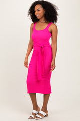 Fuchsia Ribbed Front Tie Sleeveless Midi Dress
