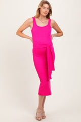 Fuchsia Ribbed Front Tie Sleeveless Maternity Midi Dress