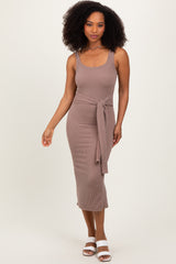 Mocha Ribbed Front Tie Sleeveless Maternity Midi Dress