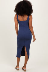 Navy Ribbed Front Tie Sleeveless Midi Dress