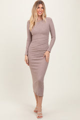 Taupe Ribbed Cinched Back Cutout Maternity Midi Dress