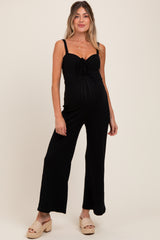 Black Ribbed Cinched Front Maternity Jumpsuit
