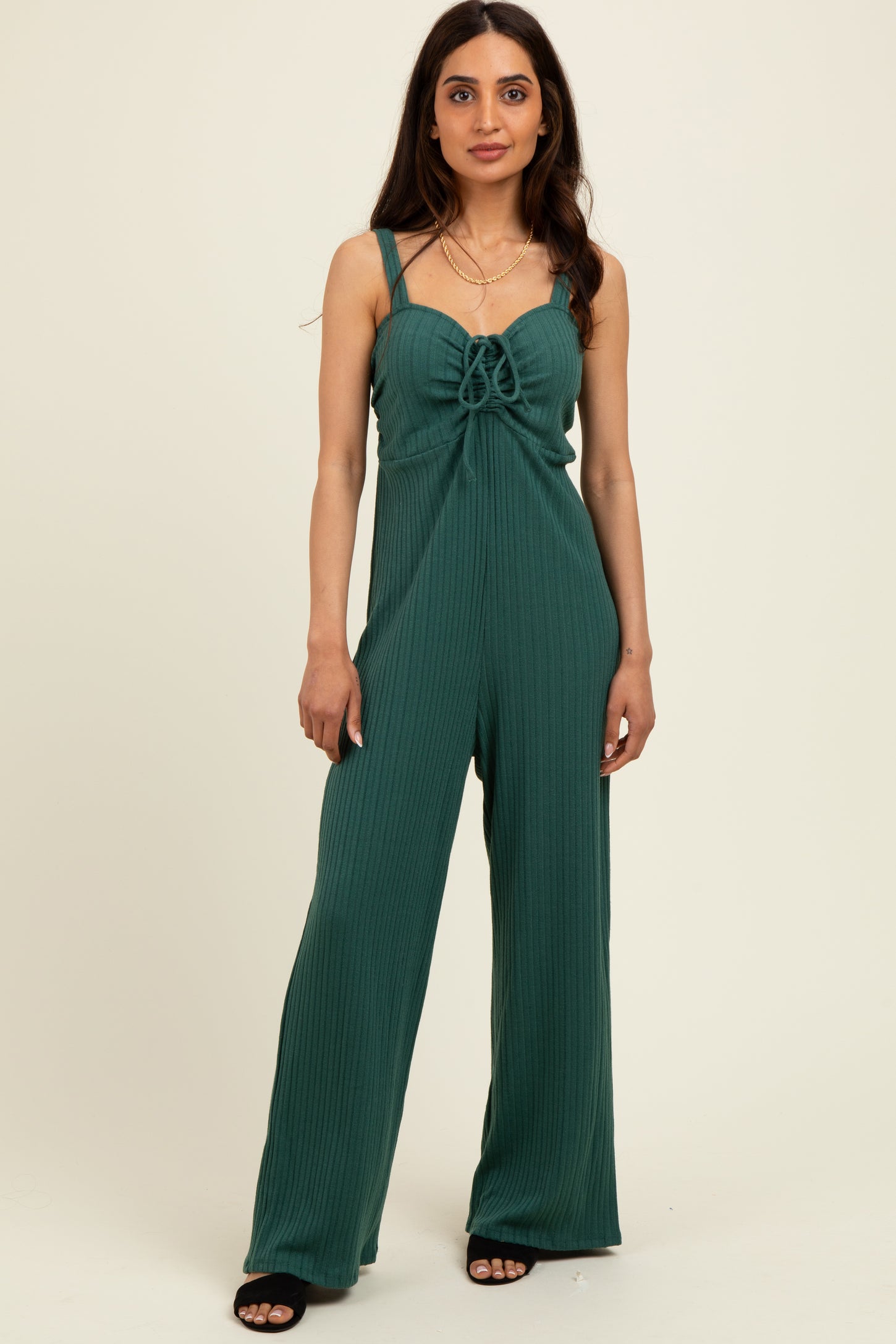 Forest Green Ribbed Cinched Front Maternity Jumpsuit