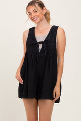 Black Deep V-Neck Pleated Front Tie Sleeveless Maternity Romper