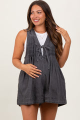 Charcoal Deep V-Neck Pleated Front Tie Sleeveless Maternity Romper
