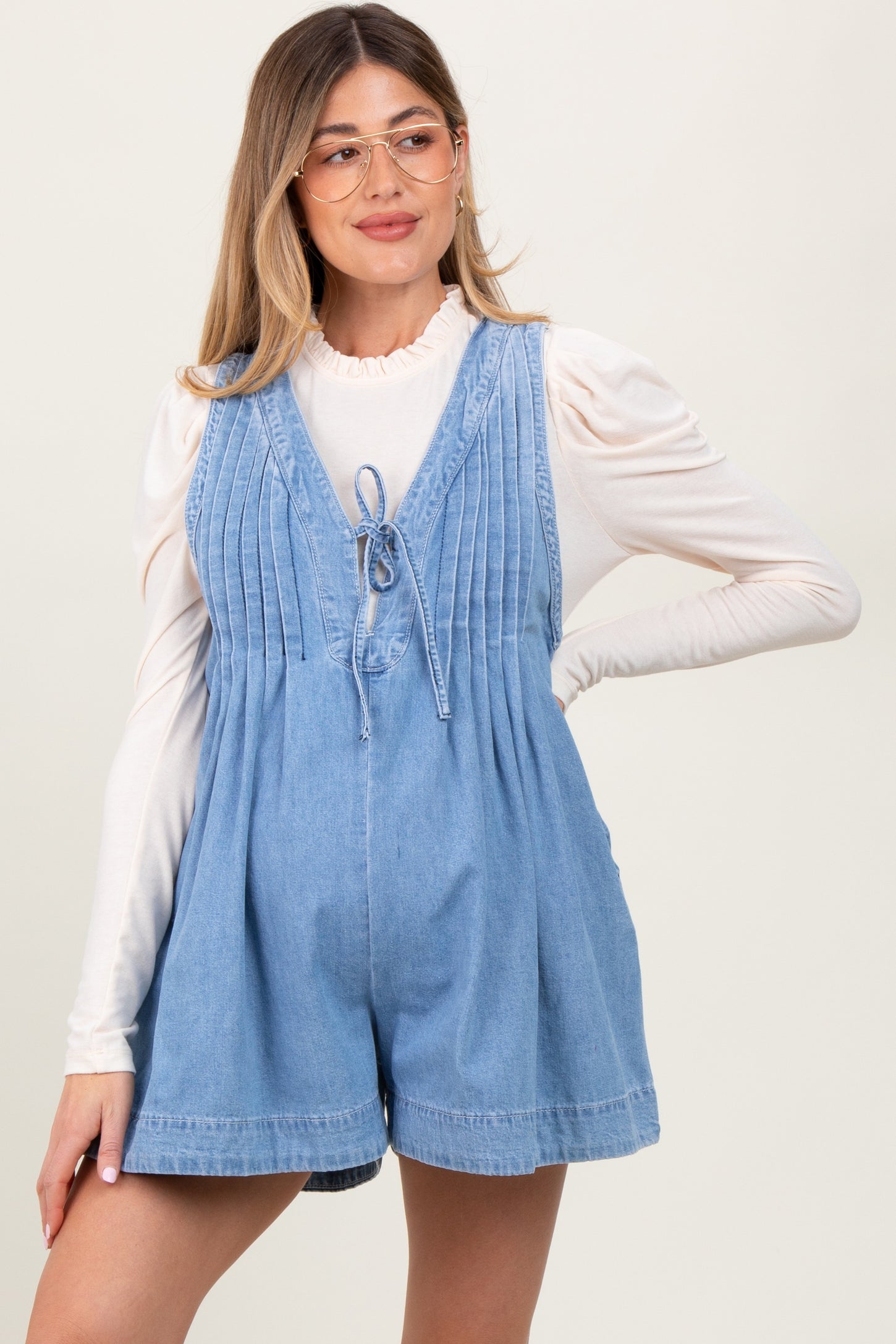 Light Blue Deep V-Neck Pleated Front Tie Sleeveless Maternity Romper