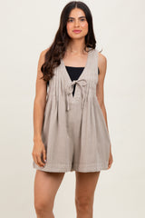 Beige Deep V-Neck Pleated Front Tie Sleeveless Romper