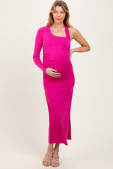 Fuchsia Asymmetric Sleeve Open Back Maternity Maxi Dress
