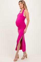 Fuchsia Asymmetric Sleeve Open Back Maternity Maxi Dress