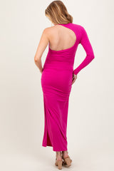 Fuchsia Asymmetric Sleeve Open Back Maternity Maxi Dress