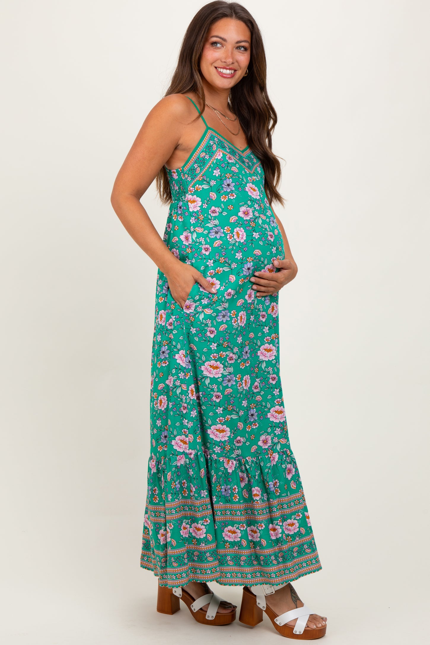 Green Floral Tie Back Maternity Maxi Dress
