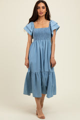 Light Blue Chambray Smocked Flutter Sleeve Dress
