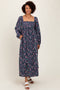 Navy Blue Floral Pleated Bust Long Sleeve Maxi Dress