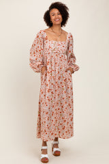 Cream Floral Pleated Bust Long Sleeve Maternity Maxi Dress