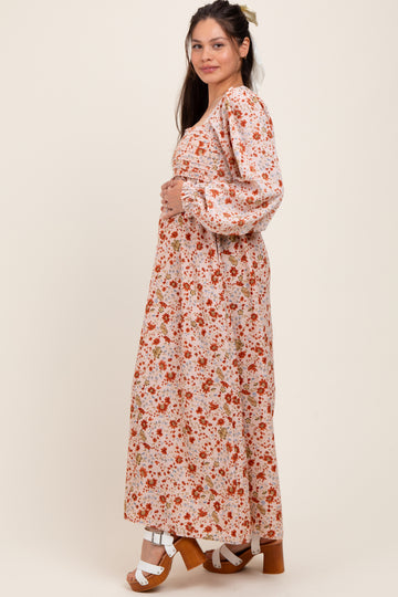 Cream Floral Pleated Bust Long Sleeve Maternity Maxi Dress