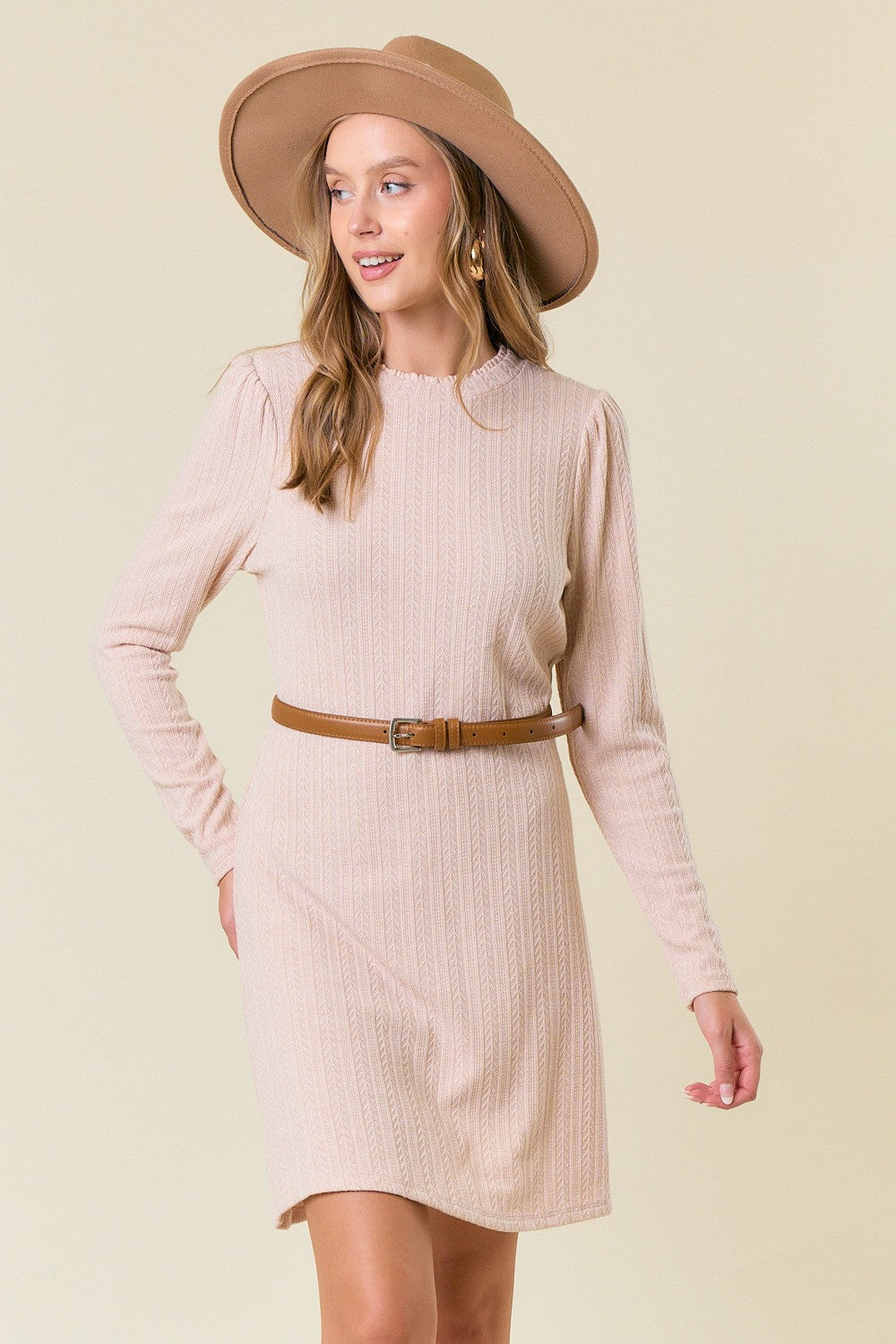 Cream Textured Knit Ruffle Neck Long Sleeve Mini Dress