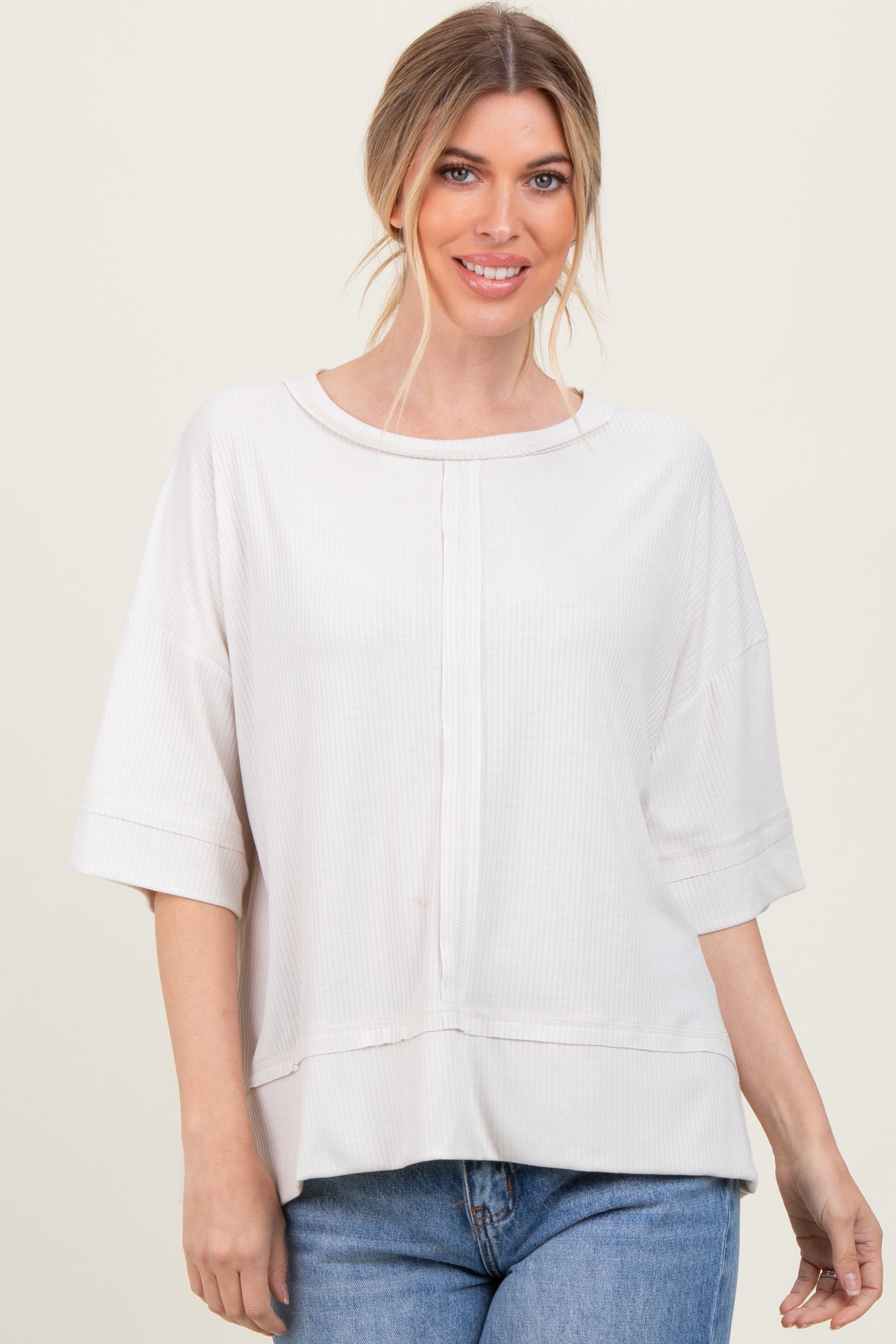 Cream Ribbed Boxy Fit Short Sleeve Maternity Top