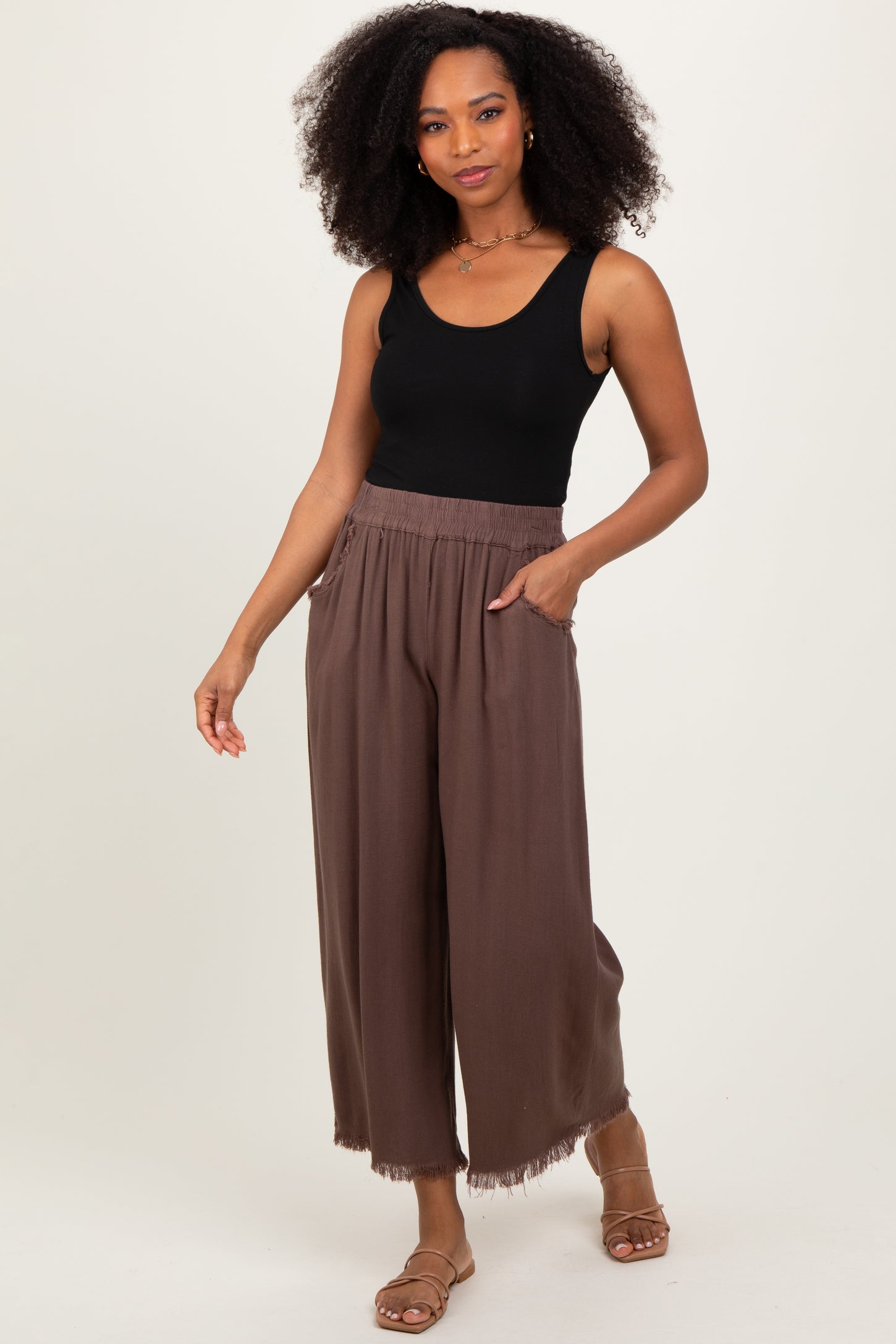 Brown Linen Frayed Hem Crop Maternity Pants