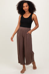 Brown Linen Frayed Hem Crop Pants