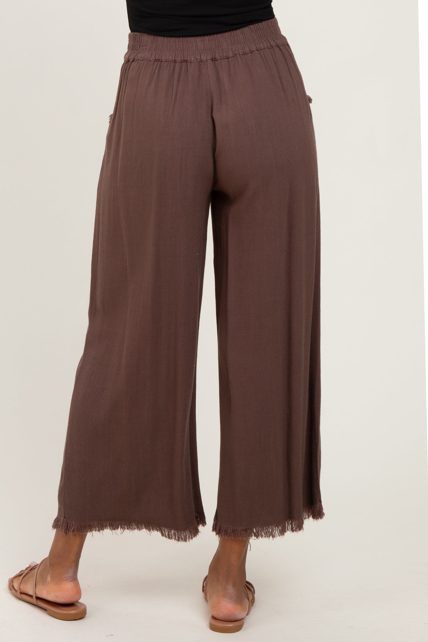 Brown Linen Frayed Hem Crop Pants