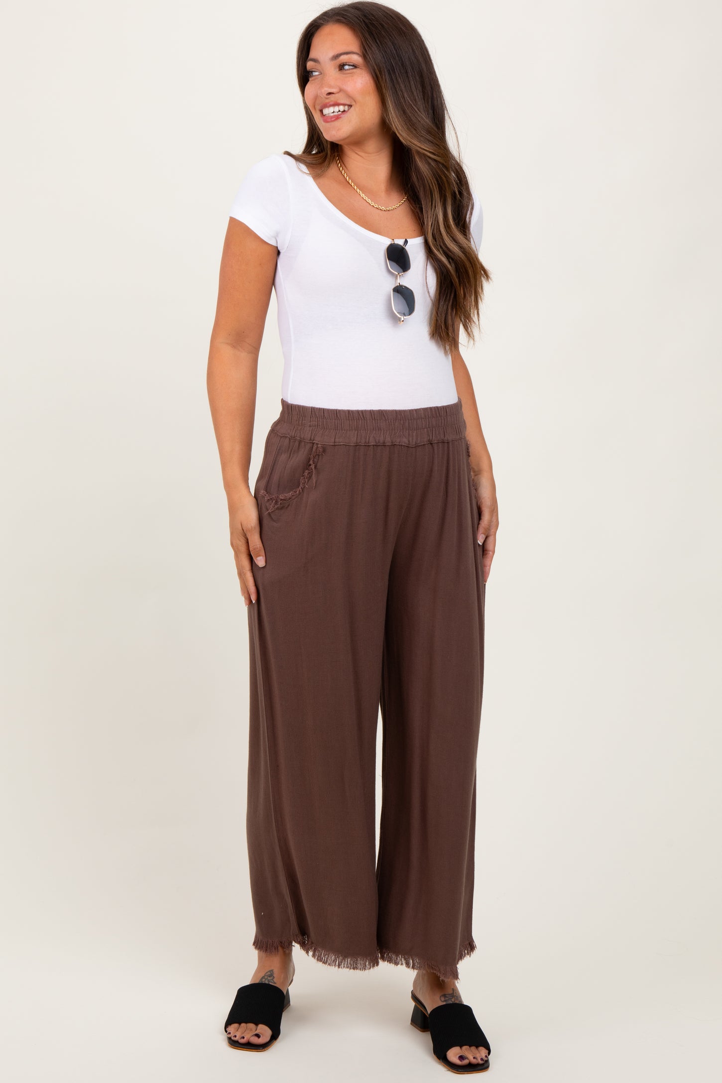 Brown Linen Frayed Hem Crop Maternity Pants