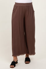 Brown Linen Frayed Hem Crop Maternity Pants