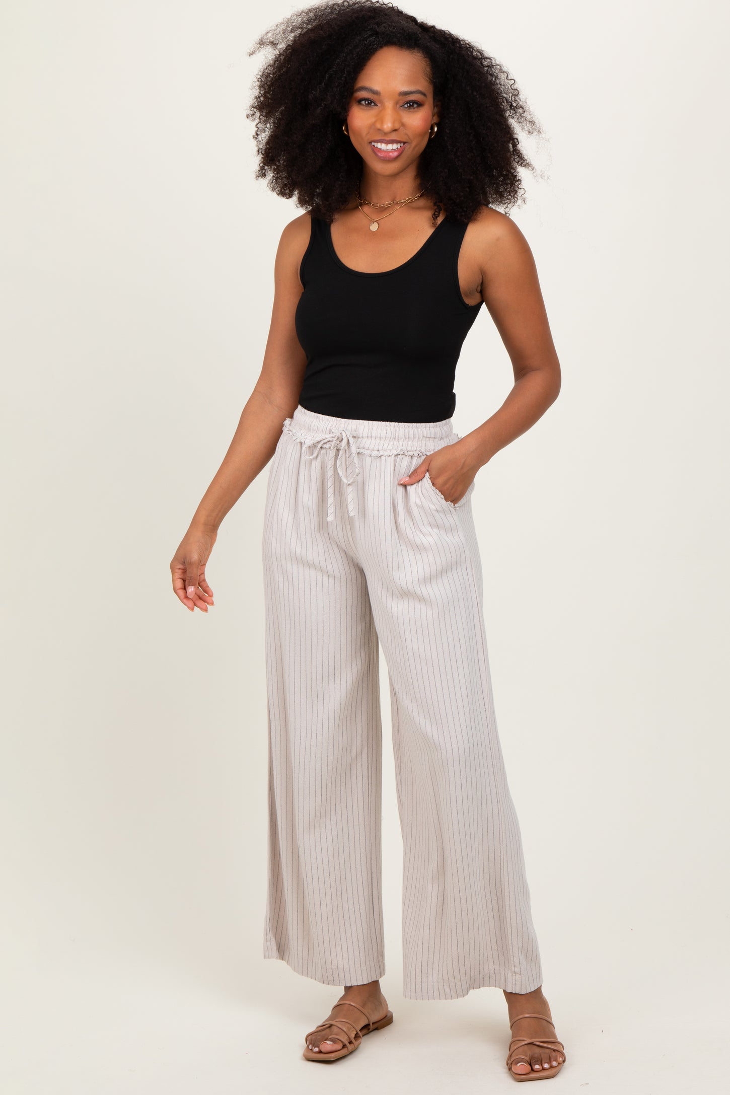 Cream Striped Drawstring Linen Blend Maternity Wide Leg Pants