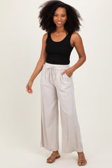Cream Striped Drawstring Linen Blend Maternity Wide Leg Pants