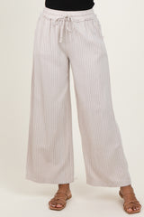 Cream Striped Drawstring Linen Blend Wide Leg Pants