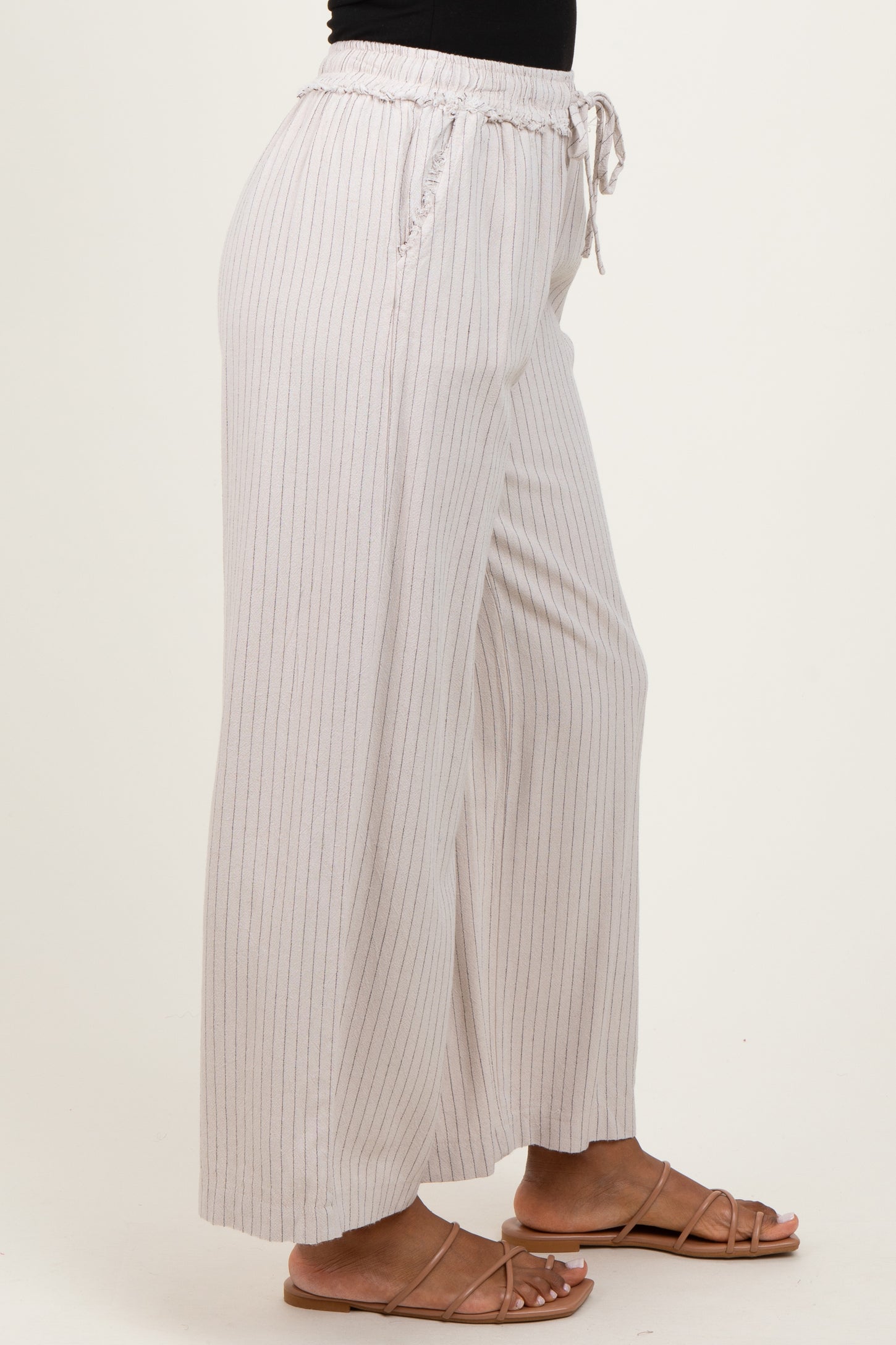 Cream Striped Drawstring Linen Blend Wide Leg Pants