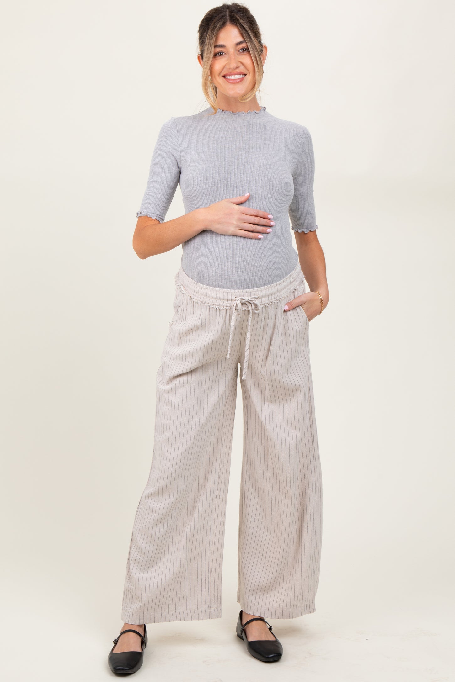Cream Striped Drawstring Linen Blend Maternity Wide Leg Pants