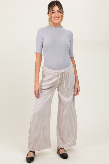 Cream Striped Drawstring Linen Blend Maternity Wide Leg Pants