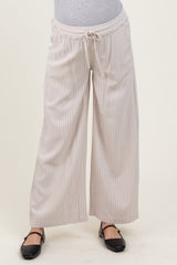 Cream Striped Drawstring Linen Blend Maternity Wide Leg Pants