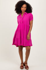 Fuchsia Tiered Collared Linen Dress