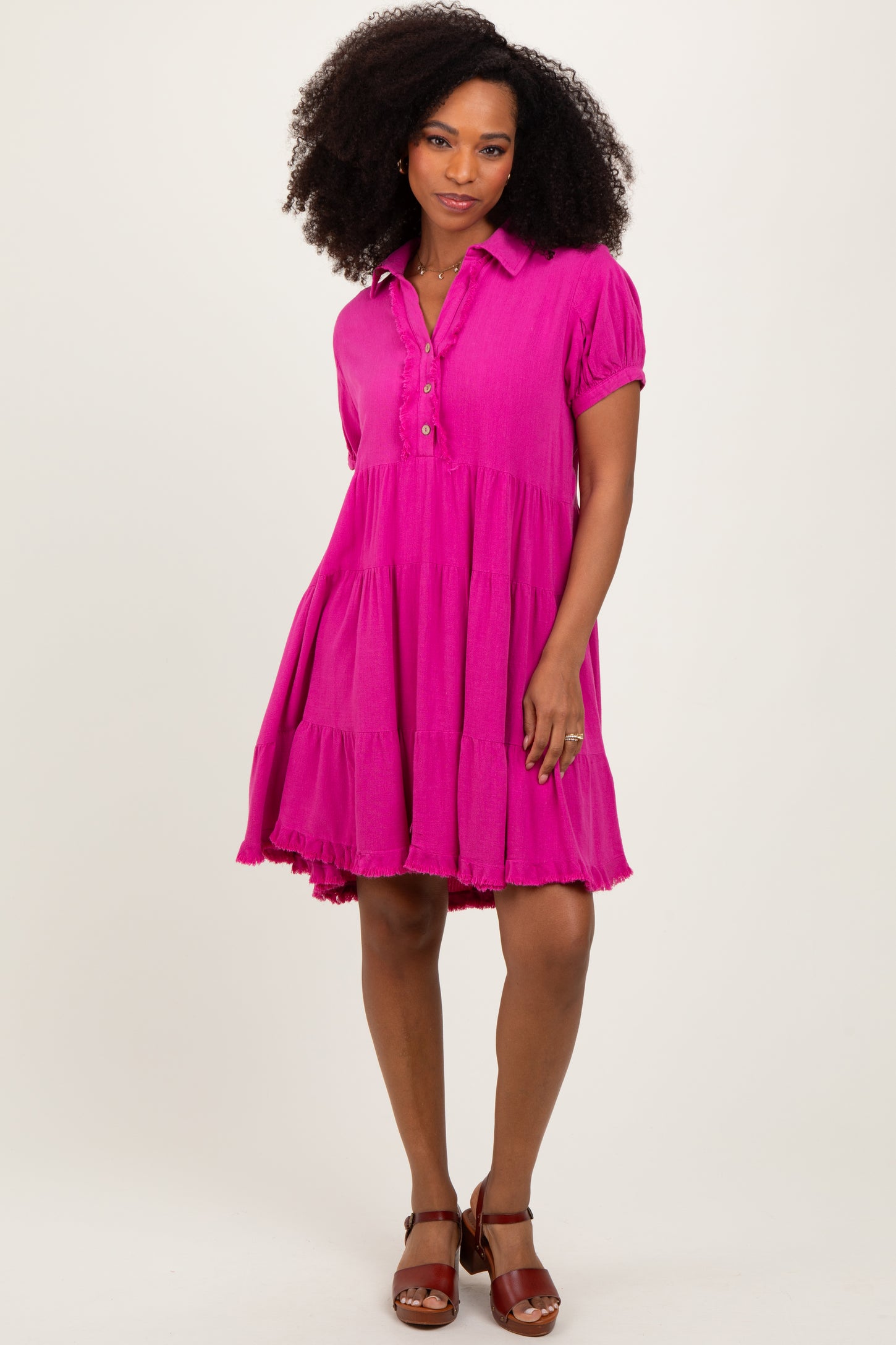 Fuchsia Tiered Collared Linen Maternity Dress