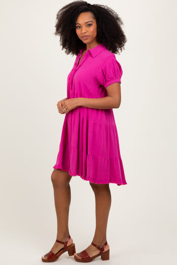 Fuchsia Tiered Collared Linen Dress