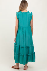 Green Ruffle Accent Tiered Front Tie Maternity Midi Dress