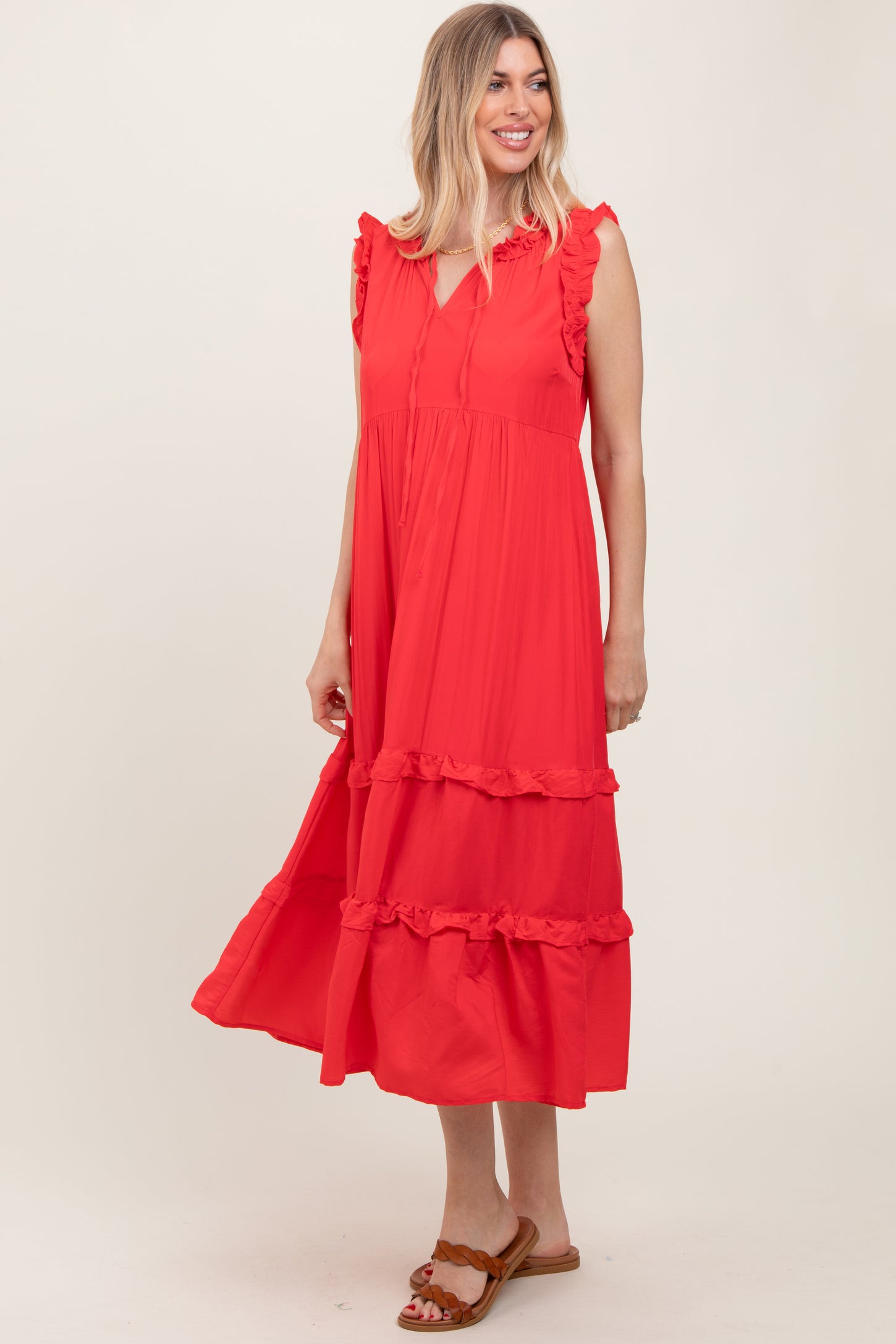 Red Ruffle Accent Tiered Front Tie Midi Dress