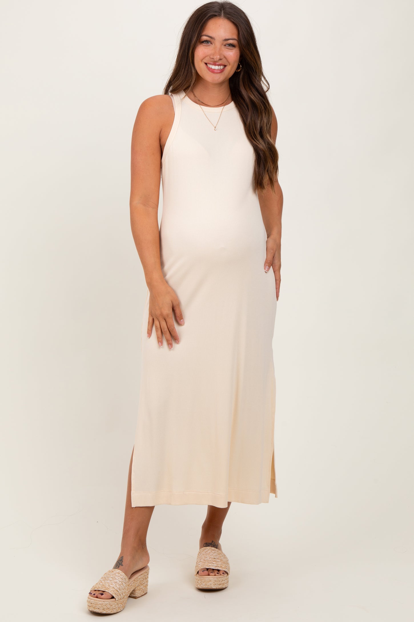 Cream Sleeveless Side Slit Maternity Midi Dress