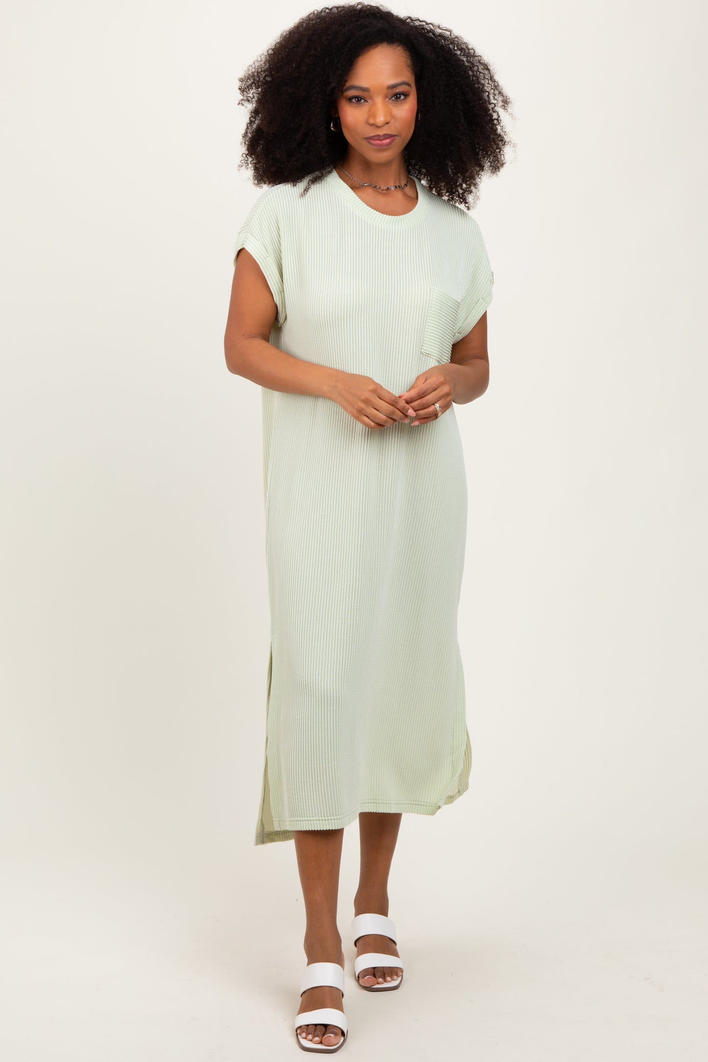 Light Olive Ribbed Short Sleeve Front Pocket Midi Dress