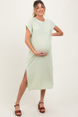 Light Olive Ribbed Short Sleeve Front Pocket Maternity Midi Dress