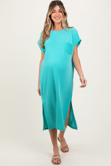 Mint Ribbed Short Sleeve Front Pocket Maternity Midi Dress