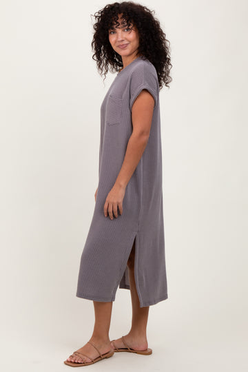 Grey Ribbed Short Sleeve Front Pocket Midi Dress